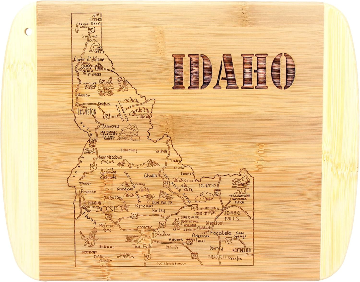 A Slice of Life New Jersey Engraved Map Cutting Board | 11” x 8.75” charcuterie board with engraved state map artwork. Smooth reverse side for food prep. Hang tie for wall display. - Colors A