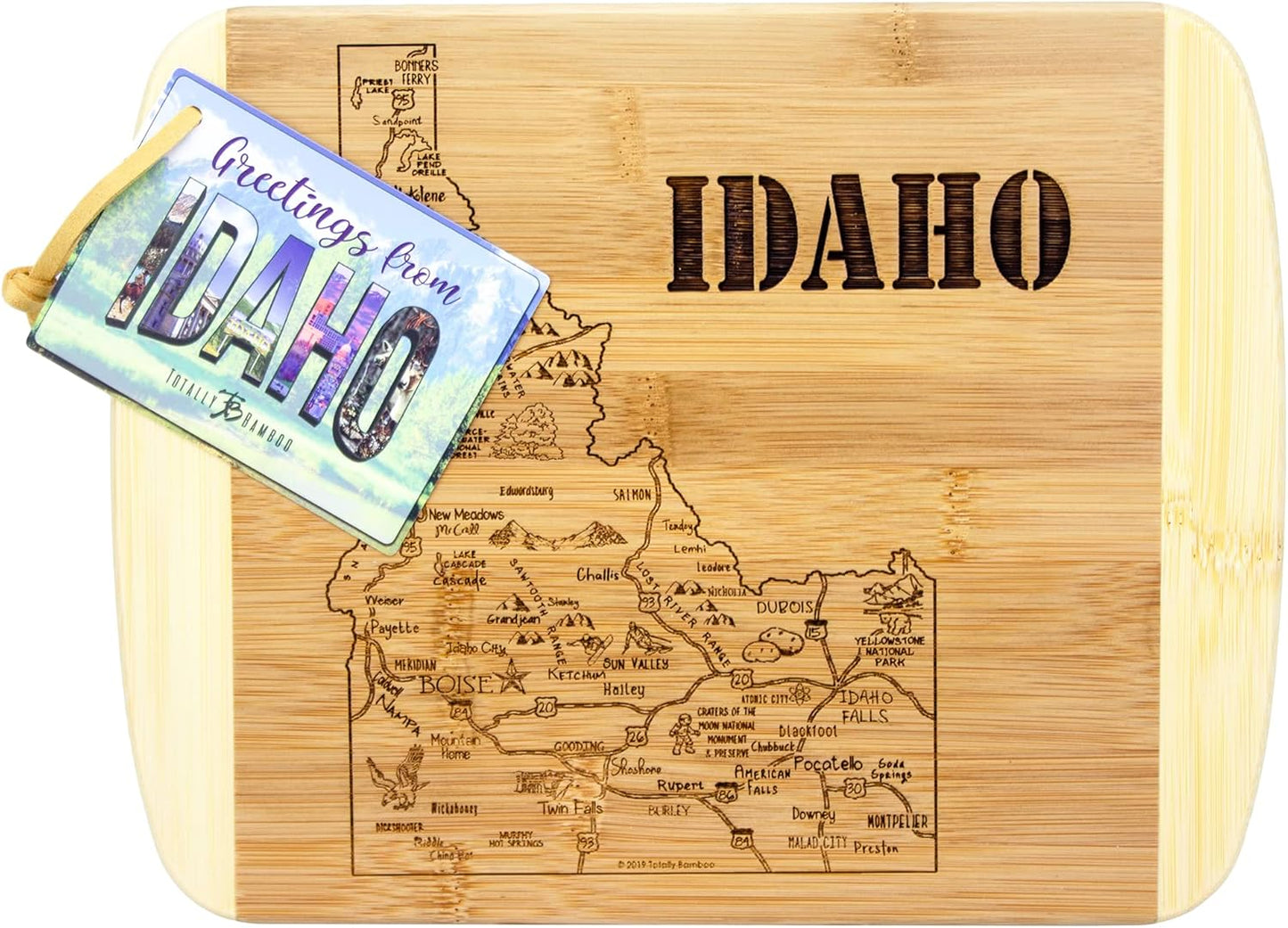 A Slice of Life New Jersey Engraved Map Cutting Board | 11” x 8.75” charcuterie board with engraved state map artwork. Smooth reverse side for food prep. Hang tie for wall display. - Colors A