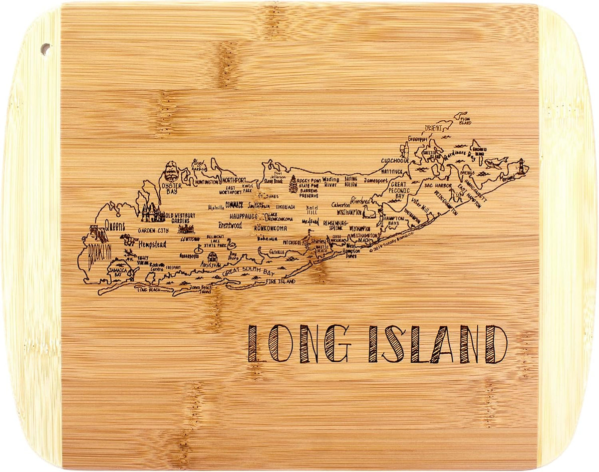 A Slice of Life New Jersey Engraved Map Cutting Board | 11” x 8.75” charcuterie board with engraved state map artwork. Smooth reverse side for food prep. Hang tie for wall display. - Colors A
