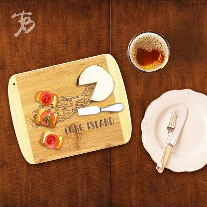 A Slice of Life New Jersey Engraved Map Cutting Board | 11” x 8.75” charcuterie board with engraved state map artwork. Smooth reverse side for food prep. Hang tie for wall display. - Colors A