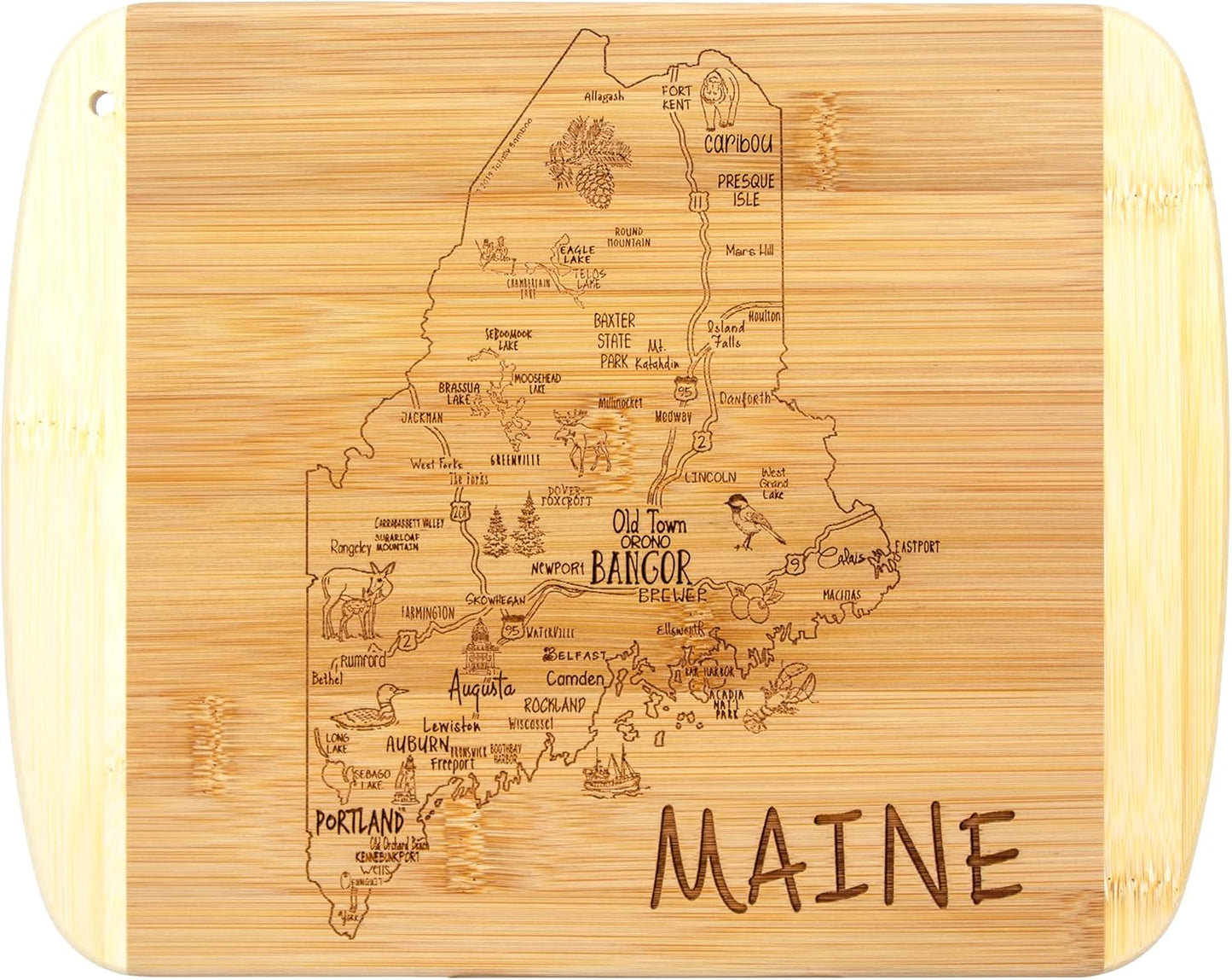 A Slice of Life New Jersey Engraved Map Cutting Board | 11” x 8.75” charcuterie board with engraved state map artwork. Smooth reverse side for food prep. Hang tie for wall display. - Colors A