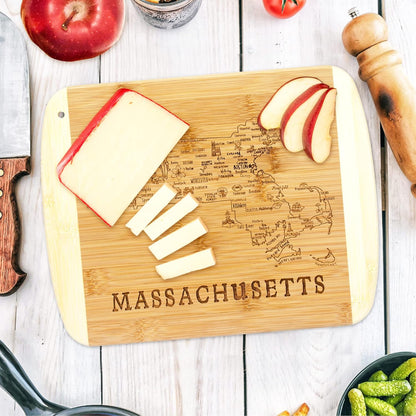 A Slice of Life New Jersey Engraved Map Cutting Board | 11” x 8.75” charcuterie board with engraved state map artwork. Smooth reverse side for food prep. Hang tie for wall display. - Colors A