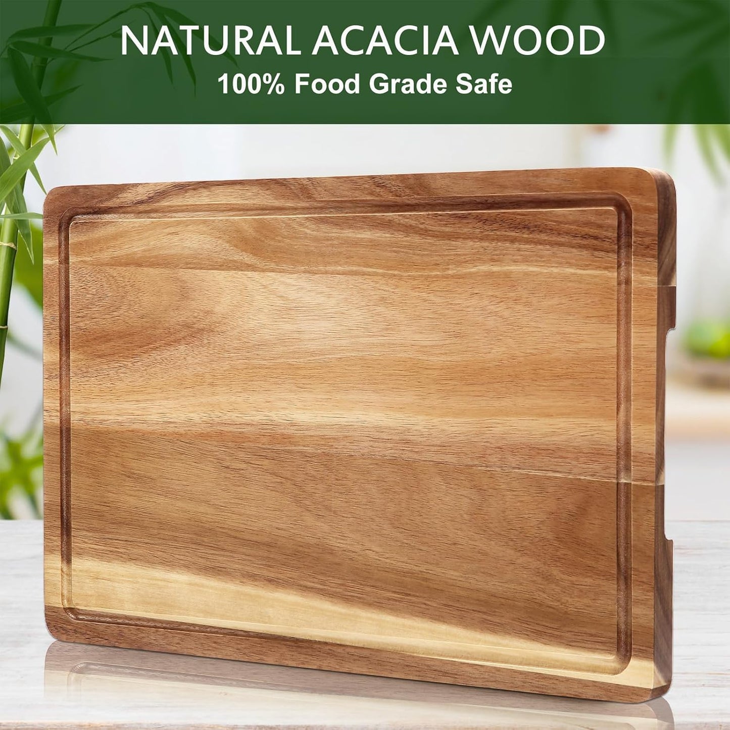 18 in x 12 in Acacia Wood Cutting Board, 1 in Thick Chopping Board with Deep Juice Groove and Back Inner Handles, Kitchen Butcher Block Cutting Board for Meat, Vegetables and Fruit