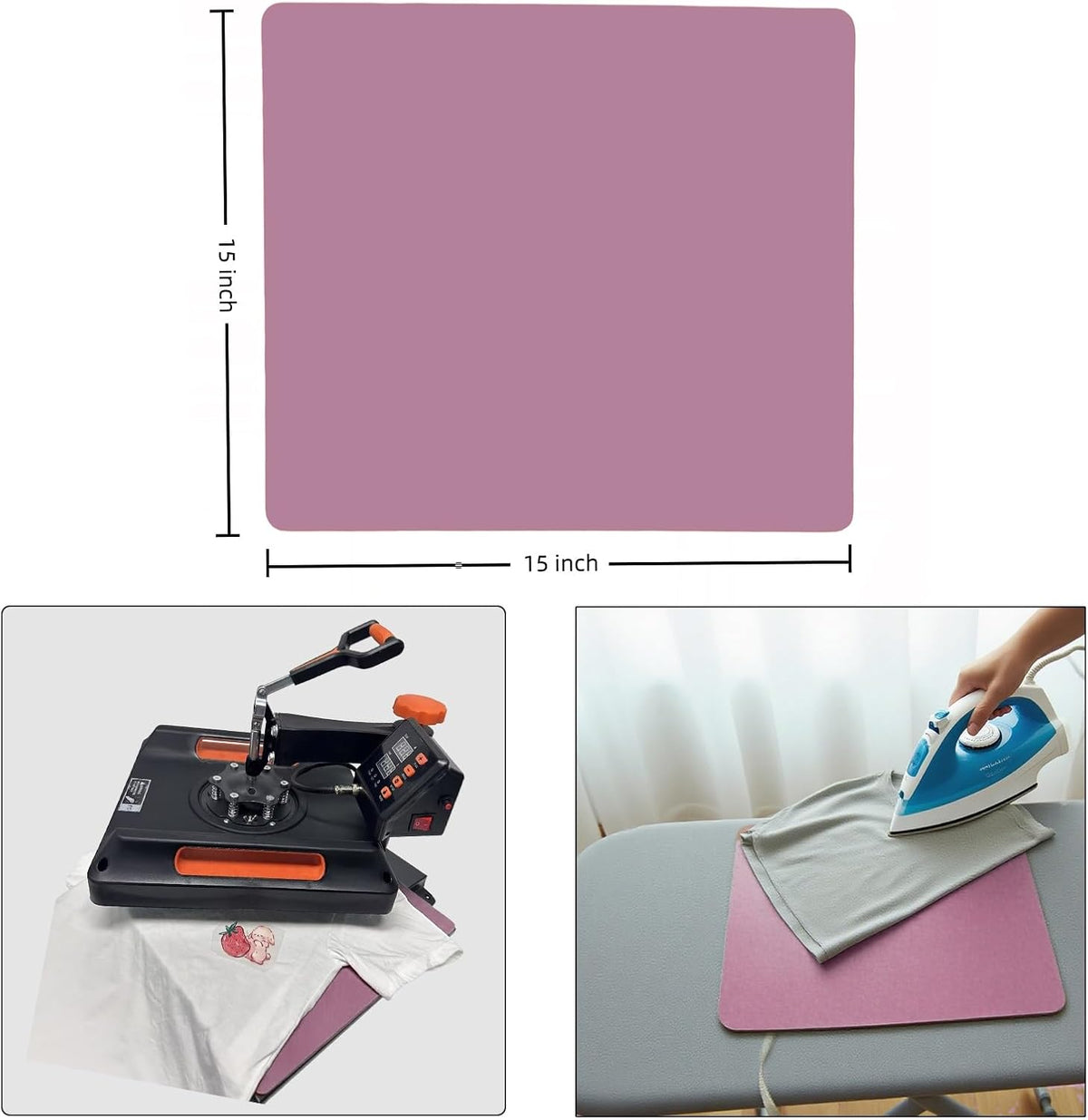 Silicone Heat Press Mat 15x15 Inch, Heat Resistant & Fireproof, Double Sided Washable Heat Press Pad for Vinyl Ironing HTV Transfer Sublimation & Crafting Projects,Pink