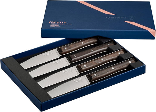 Facette Steak Knife Set – Full Tang Table Knife Setting for 4, Comfortable Riveted Handle in Premium Woods and Vitter Eco, Made in France (Dark Ash Wood)