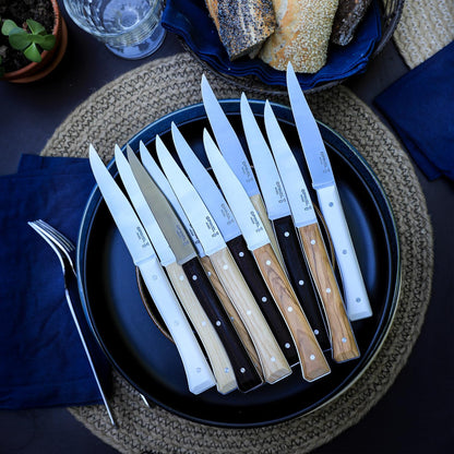 Facette Steak Knife Set – Full Tang Table Knife Setting for 4, Comfortable Riveted Handle in Premium Woods and Vitter Eco, Made in France (Dark Ash Wood)