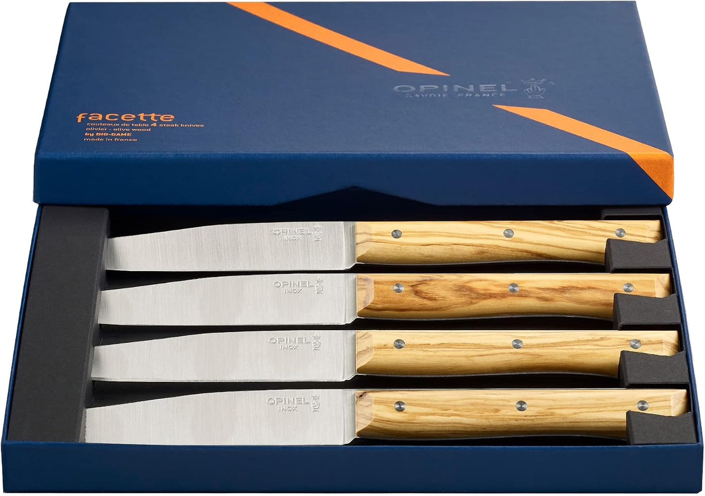 Facette Steak Knife Set – Full Tang Table Knife Setting for 4, Comfortable Riveted Handle in Premium Woods and Vitter Eco, Made in France (Dark Ash Wood)
