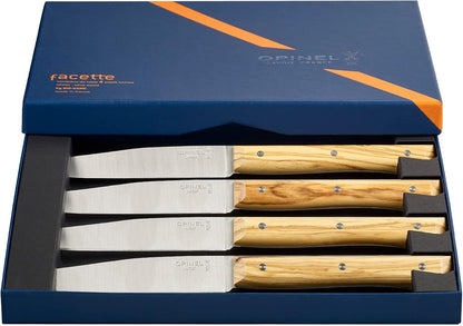 Facette Steak Knife Set – Full Tang Table Knife Setting for 4, Comfortable Riveted Handle in Premium Woods and Vitter Eco, Made in France (Dark Ash Wood)