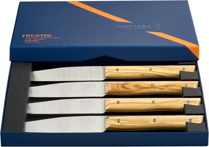 Facette Steak Knife Set – Full Tang Table Knife Setting for 4, Comfortable Riveted Handle in Premium Woods and Vitter Eco, Made in France (Dark Ash Wood)