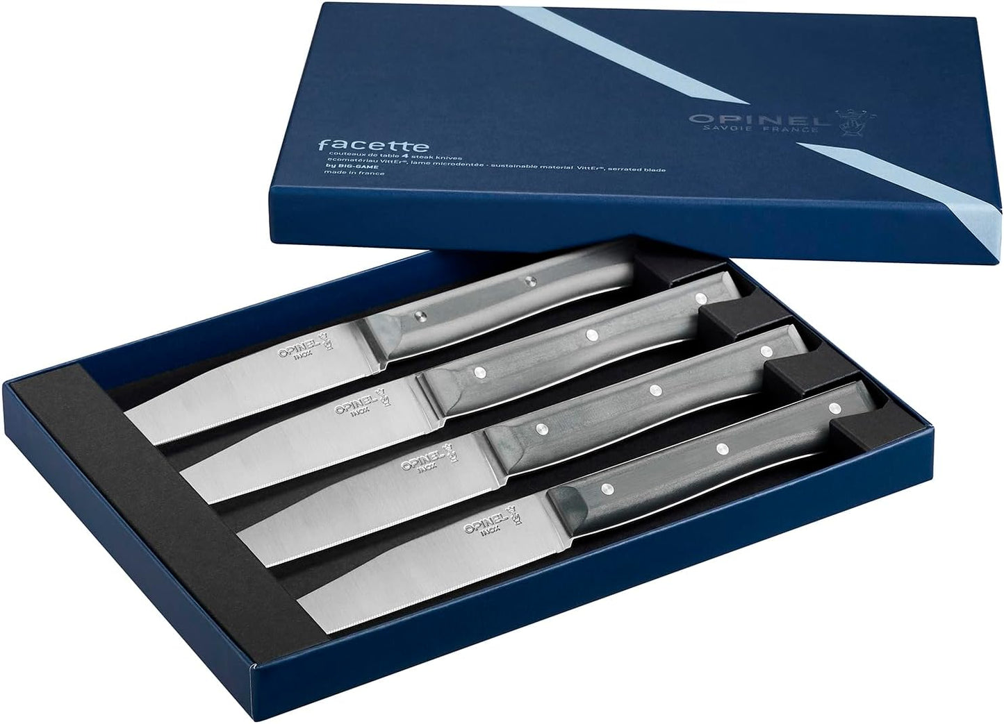 Facette Steak Knife Set – Full Tang Table Knife Setting for 4, Comfortable Riveted Handle in Premium Woods and Vitter Eco, Made in France (Dark Ash Wood)