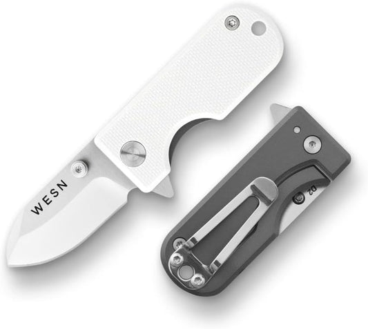 Microblade Premium Folding Pocket Knife - 1.5" D2 Steel Blade, Compact Titanium EDC Knife with G10 Handle, Manual Thumb Stud, Deep Carry Clip - Lightweight Everyday Carry (White/Titanium)