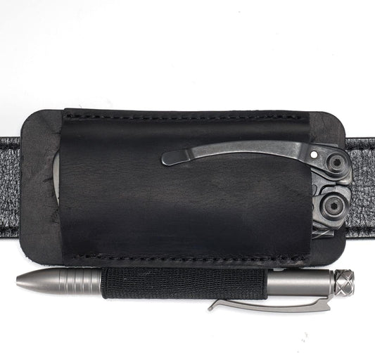 PJ33 Leather Knife Sheath for Belt, Horizontal Carry Pocket Knife Holster with Elastic Pen Holder, Leather Folding Knife Sheath for Men