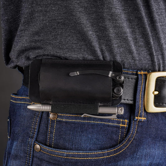 PJ33 Leather Knife Sheath for Belt, Horizontal Carry Pocket Knife Holster with Elastic Pen Holder, Leather Folding Knife Sheath for Men