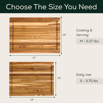 Medium (M) Teak Edge Grain Cutting Board, Reversible, Knife-Friendly Charcuterie Wood Cutting Board with Juice Groove & Handles, Non-Toxic, Gift Box Included (17" x 13" x 1")