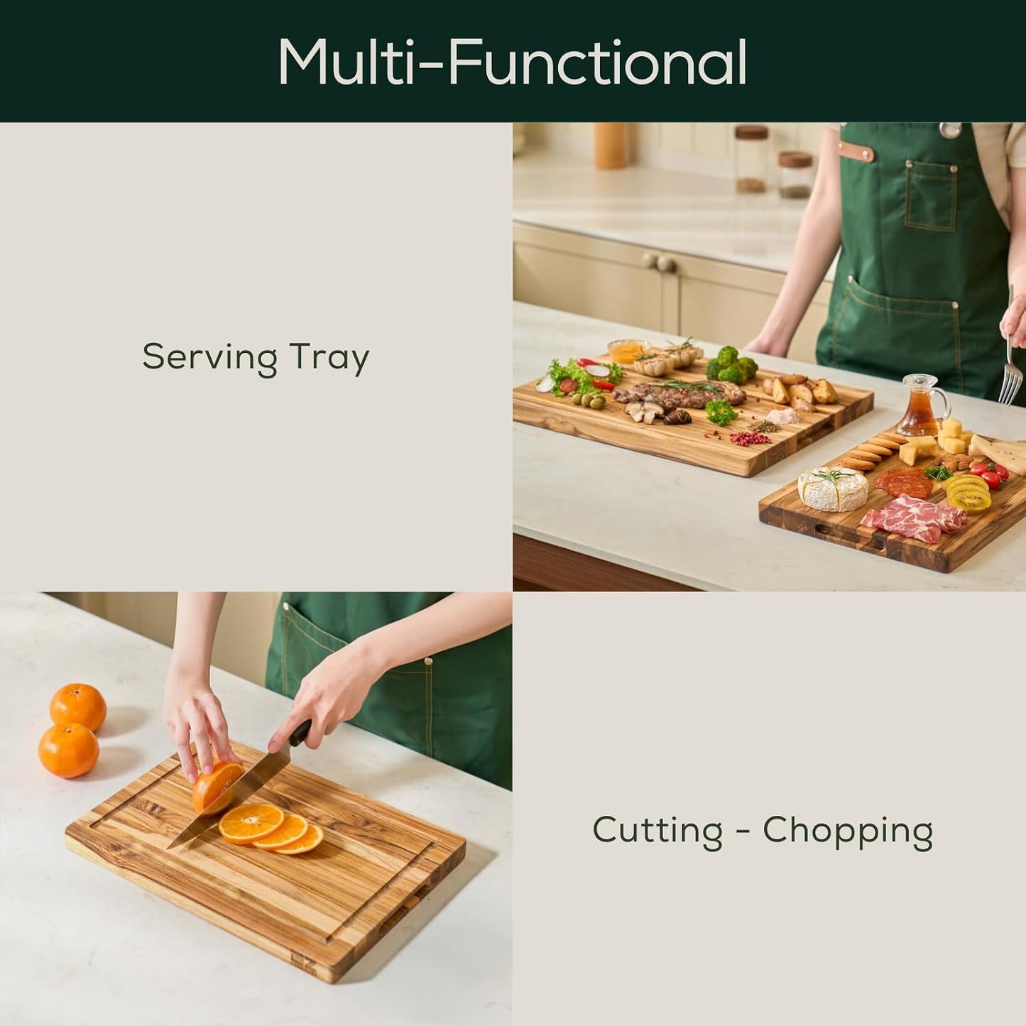Medium (M) Teak Edge Grain Cutting Board, Reversible, Knife-Friendly Charcuterie Wood Cutting Board with Juice Groove & Handles, Non-Toxic, Gift Box Included (17" x 13" x 1")