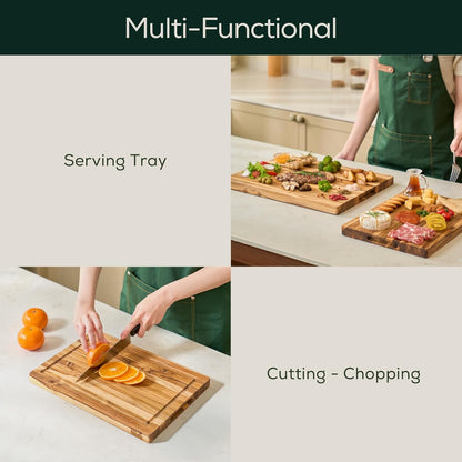 Medium (M) Teak Edge Grain Cutting Board, Reversible, Knife-Friendly Charcuterie Wood Cutting Board with Juice Groove & Handles, Non-Toxic, Gift Box Included (17" x 13" x 1")