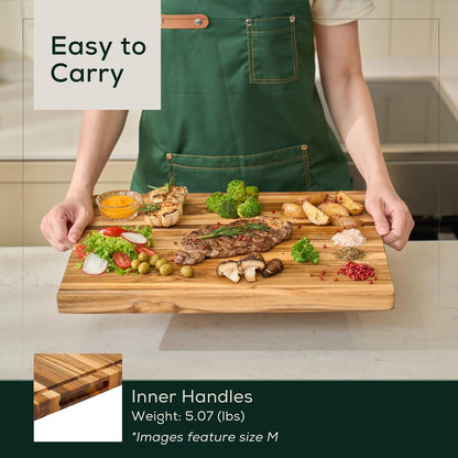 Medium (M) Teak Edge Grain Cutting Board, Reversible, Knife-Friendly Charcuterie Wood Cutting Board with Juice Groove & Handles, Non-Toxic, Gift Box Included (17" x 13" x 1")