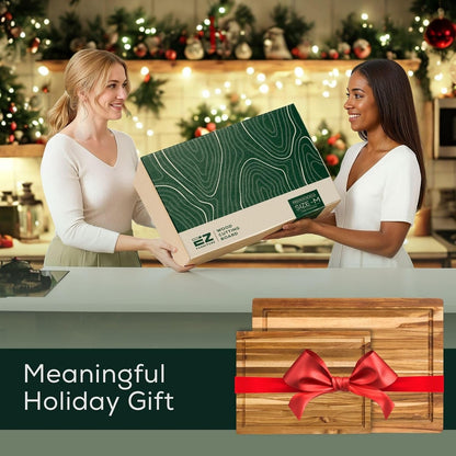 Medium (M) Teak Edge Grain Cutting Board, Reversible, Knife-Friendly Charcuterie Wood Cutting Board with Juice Groove & Handles, Non-Toxic, Gift Box Included (17" x 13" x 1")
