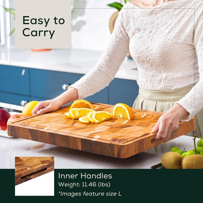 Medium (M) Teak Edge Grain Cutting Board, Reversible, Knife-Friendly Charcuterie Wood Cutting Board with Juice Groove & Handles, Non-Toxic, Gift Box Included (17" x 13" x 1")