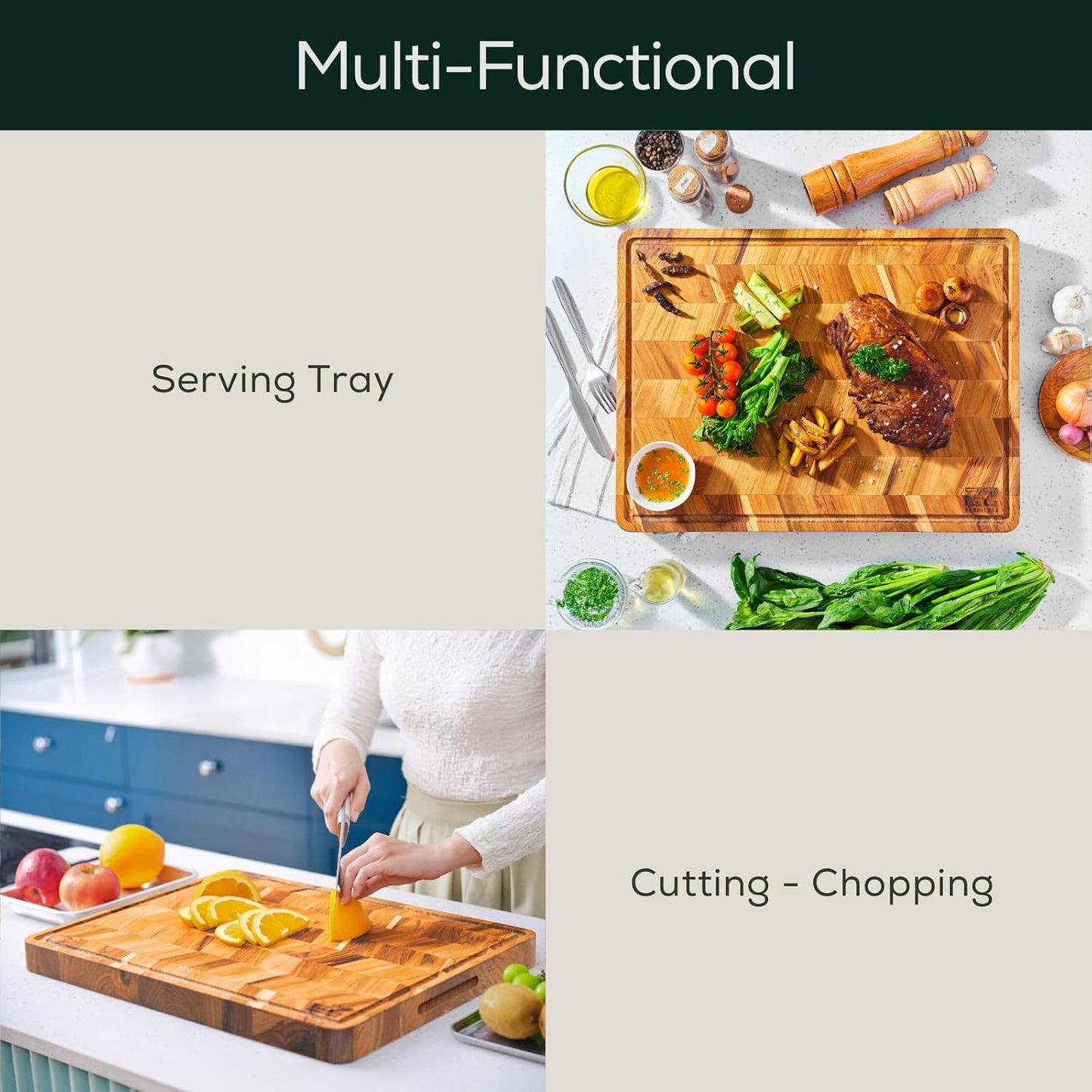 Medium (M) Teak Edge Grain Cutting Board, Reversible, Knife-Friendly Charcuterie Wood Cutting Board with Juice Groove & Handles, Non-Toxic, Gift Box Included (17" x 13" x 1")