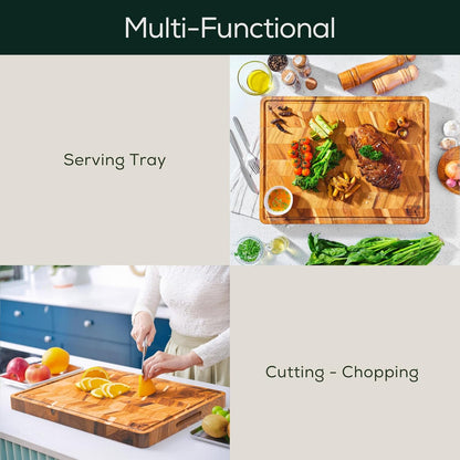Medium (M) Teak Edge Grain Cutting Board, Reversible, Knife-Friendly Charcuterie Wood Cutting Board with Juice Groove & Handles, Non-Toxic, Gift Box Included (17" x 13" x 1")