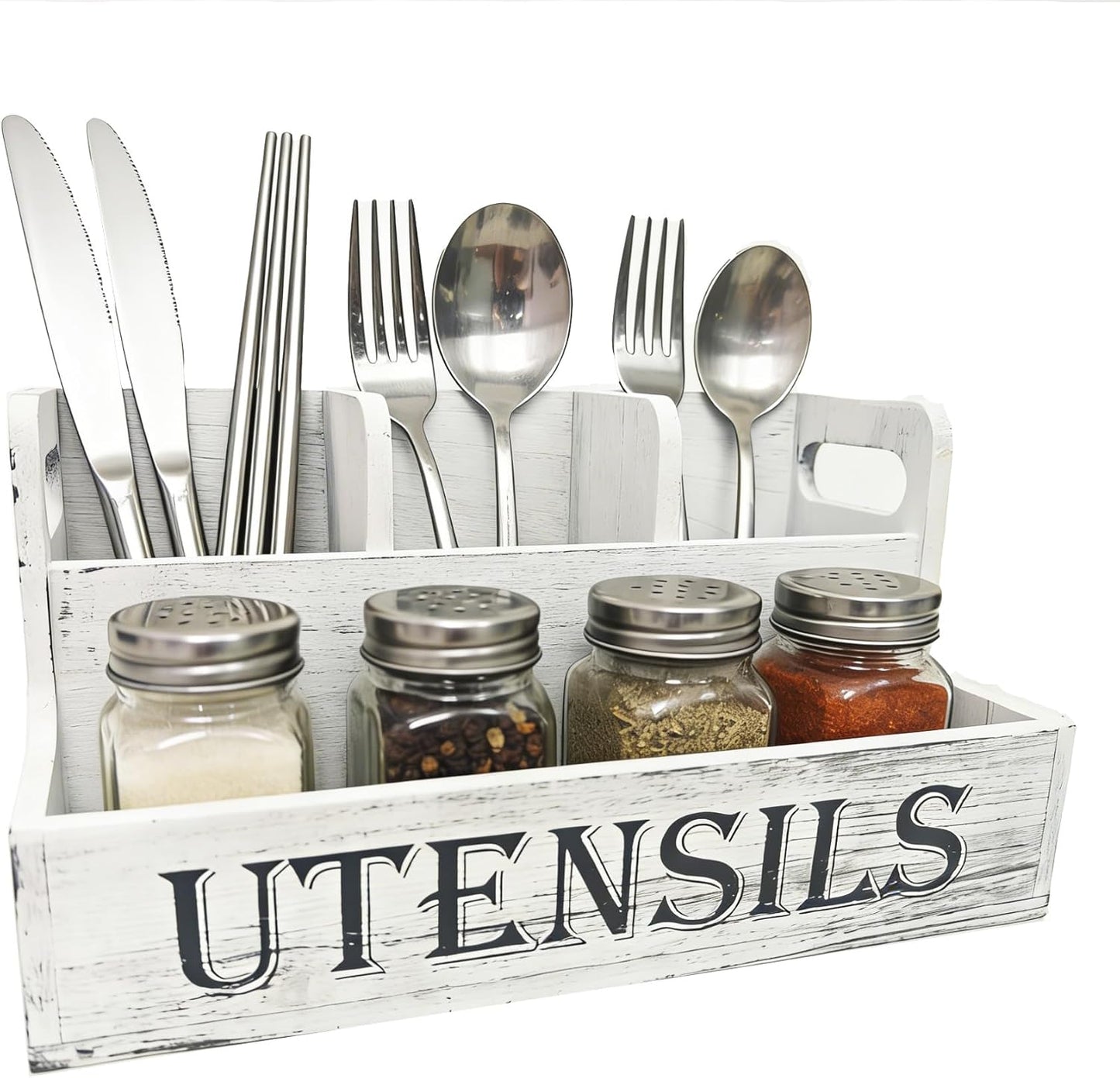 Large Wooden Kitchen Utensil Holder，Utensils Organizer for Kitchen Countertop 4 Compartments,Farmhouse Style Suitable for Storage Knife, Fork, Spoon, Chopsticks and Spice Jars