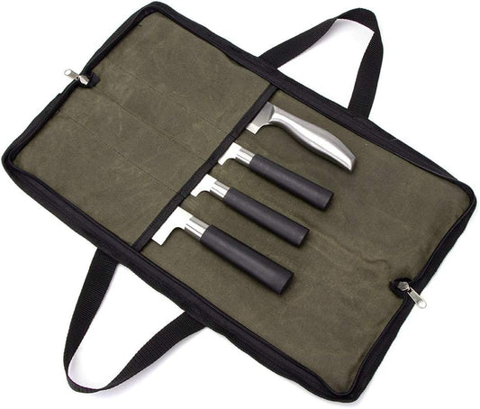 Knife Roll,Heavy Duty Knife Bag,Waxed Canvas knife Case with 4 Slots for Knives & Kitchen Tools,Chef Knife Bag with Handle.Portable Knife Roll Bag for Stroage Home Traveling Camping.Case Knives Pouch
