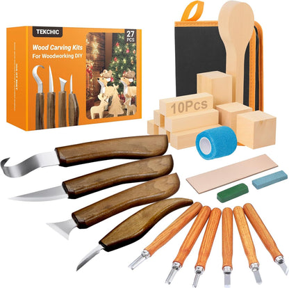 Wood Carving Kit Whittling Kit: 27pcs Wood Carving Tools Set | with 4PCS Wood Carving Knives & 6PCS Detail Knive Woodworking Tools Gift with Basswood Blocks Hobby for Beginners Adults Kids