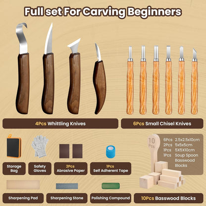 Wood Carving Kit Whittling Kit: 27pcs Wood Carving Tools Set | with 4PCS Wood Carving Knives & 6PCS Detail Knive Woodworking Tools Gift with Basswood Blocks Hobby for Beginners Adults Kids
