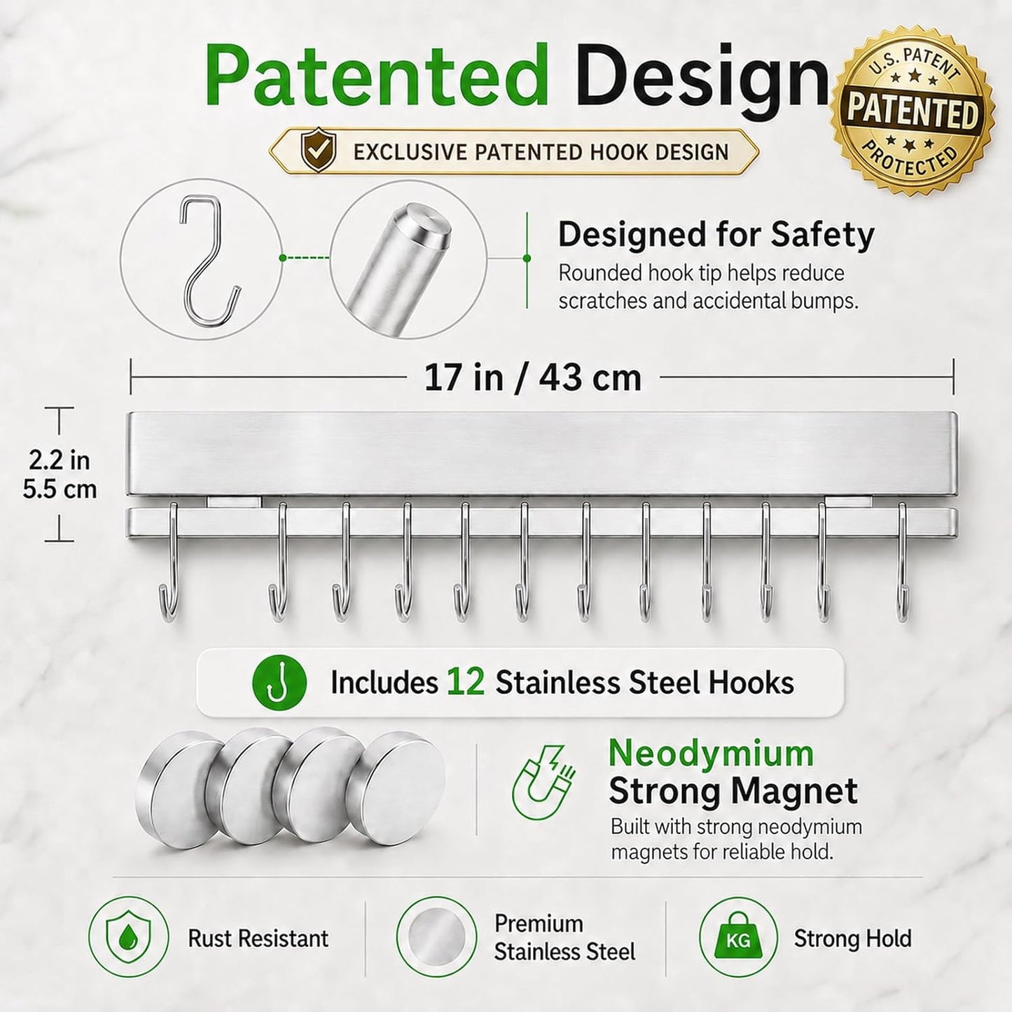Strong Magnetic Knife Holder for Wall, 17 Inch No-Drill Knife Strip with 12 Hooks & Adhesive, Holds Kitchen Utensils & Tools