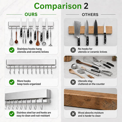 Strong Magnetic Knife Holder for Wall, 17 Inch No-Drill Knife Strip with 12 Hooks & Adhesive, Holds Kitchen Utensils & Tools
