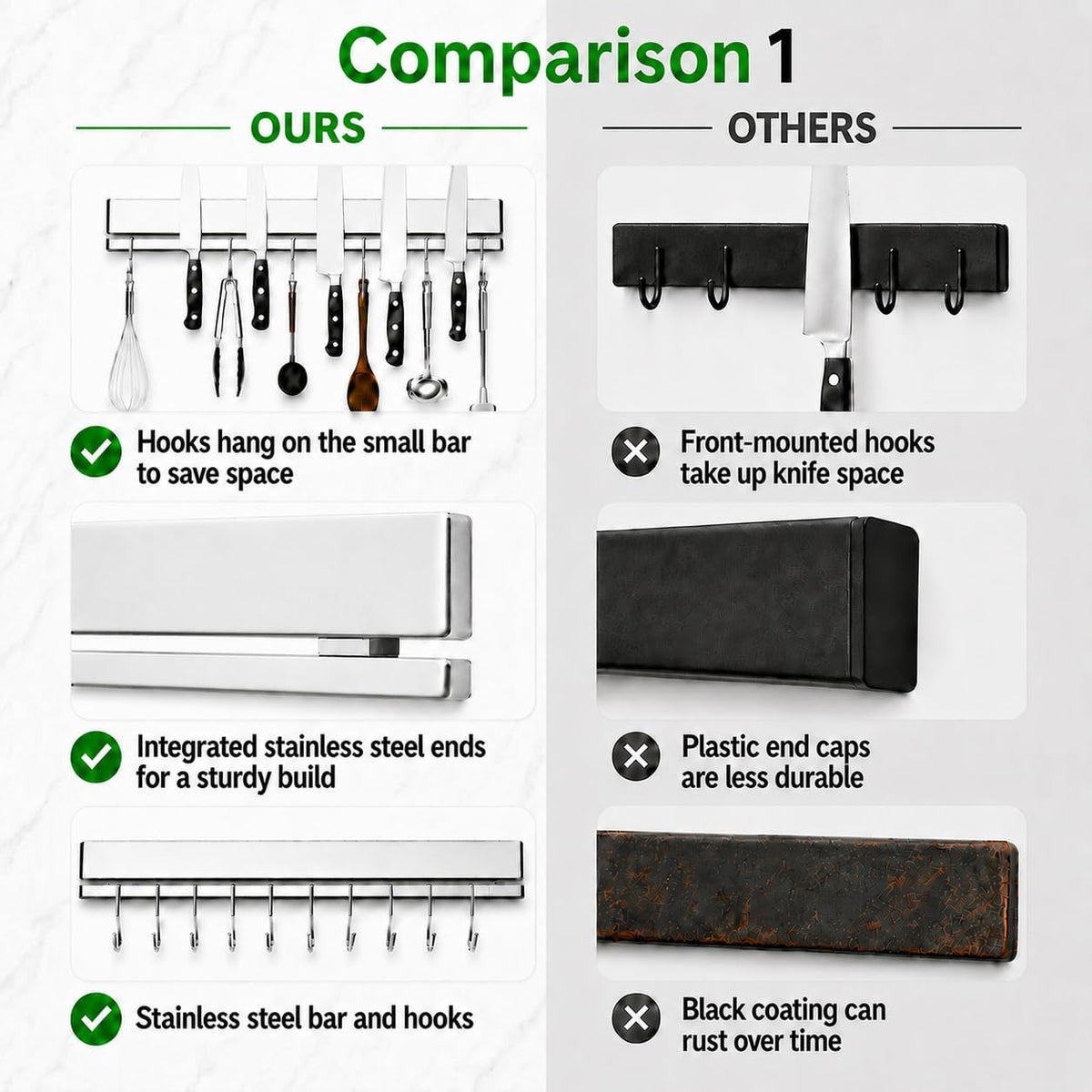 Strong Magnetic Knife Holder for Wall, 17 Inch No-Drill Knife Strip with 12 Hooks & Adhesive, Holds Kitchen Utensils & Tools