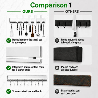 Strong Magnetic Knife Holder for Wall, 17 Inch No-Drill Knife Strip with 12 Hooks & Adhesive, Holds Kitchen Utensils & Tools