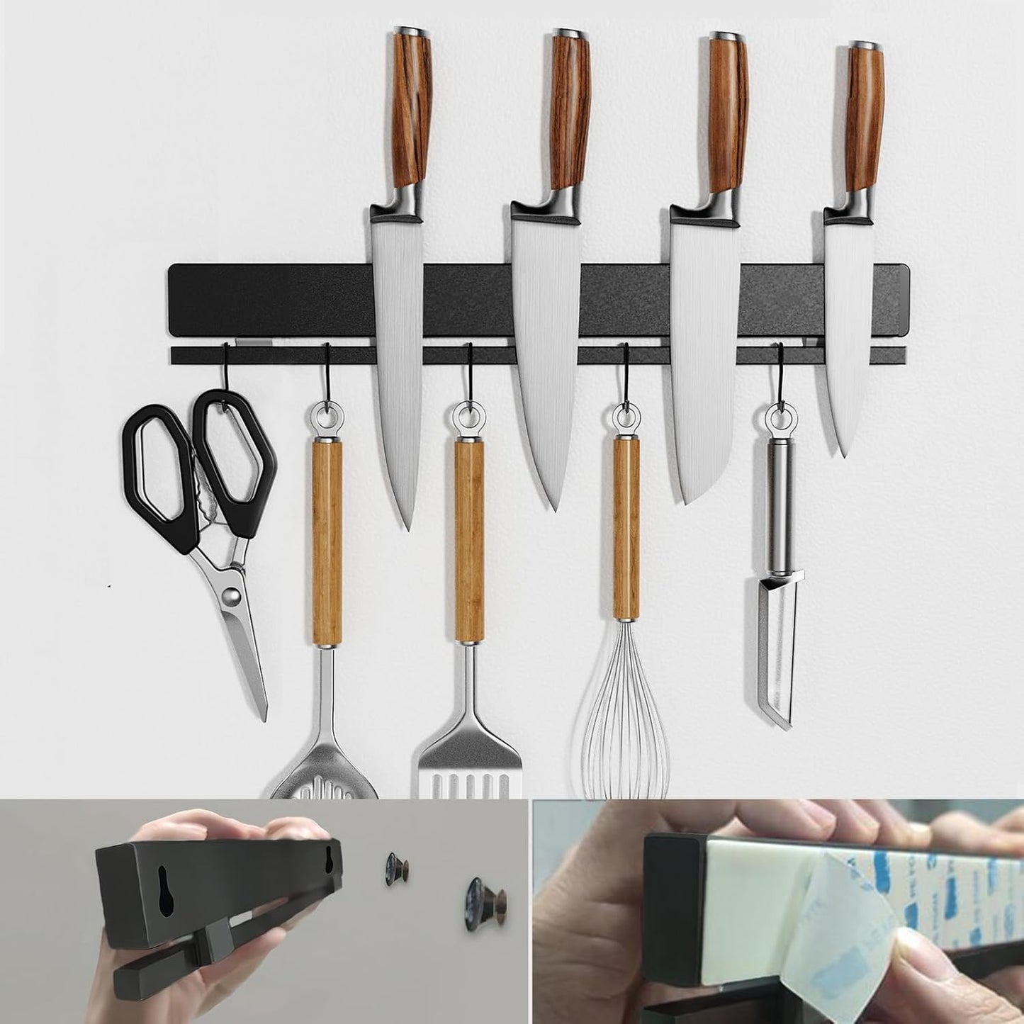 Strong Magnetic Knife Holder for Wall, 17 Inch No-Drill Knife Strip with 12 Hooks & Adhesive, Holds Kitchen Utensils & Tools