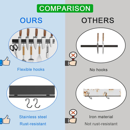 Strong Magnetic Knife Holder for Wall, 17 Inch No-Drill Knife Strip with 12 Hooks & Adhesive, Holds Kitchen Utensils & Tools