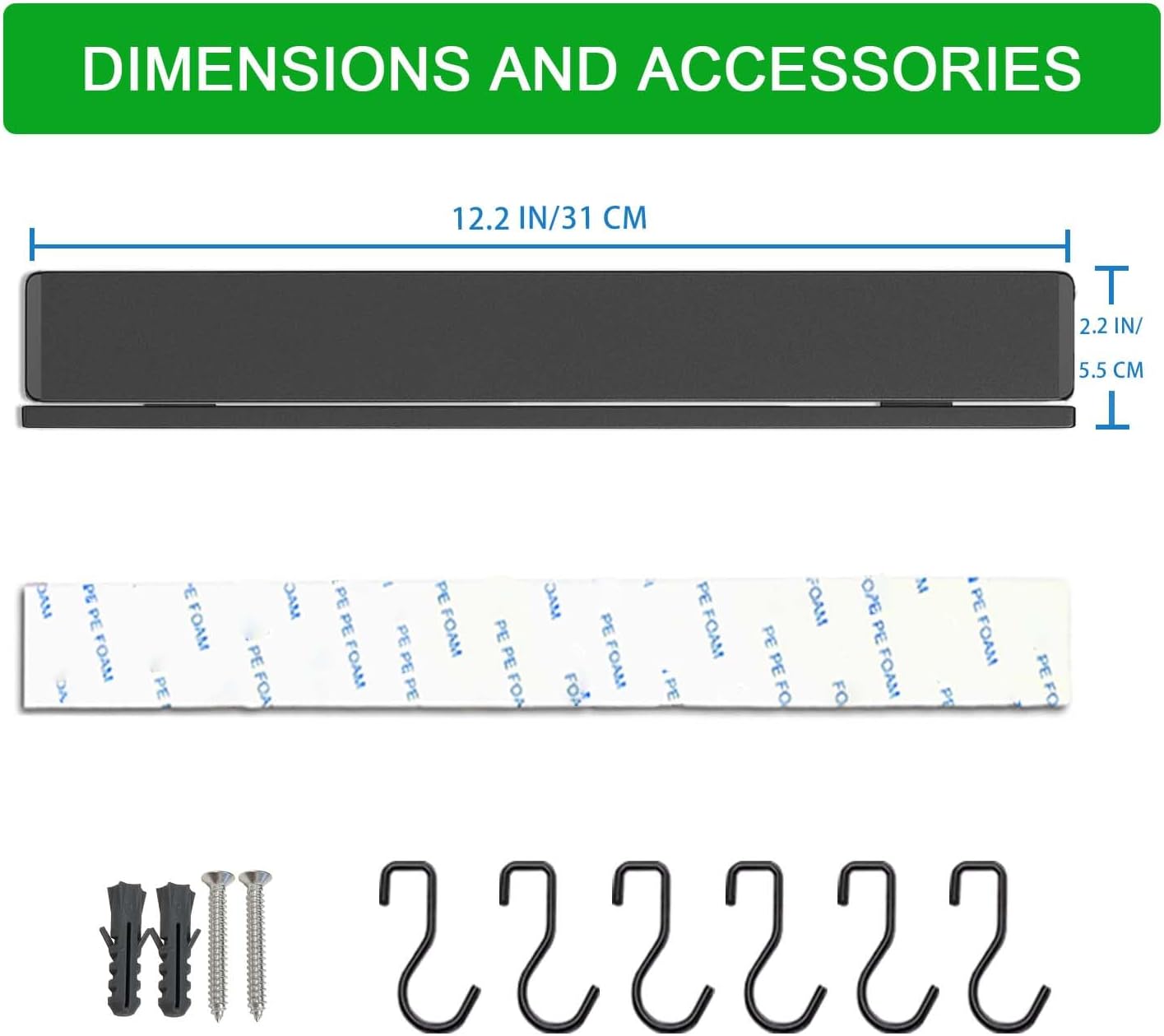 Strong Magnetic Knife Holder for Wall, 17 Inch No-Drill Knife Strip with 12 Hooks & Adhesive, Holds Kitchen Utensils & Tools