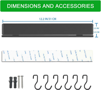 Strong Magnetic Knife Holder for Wall, 17 Inch No-Drill Knife Strip with 12 Hooks & Adhesive, Holds Kitchen Utensils & Tools