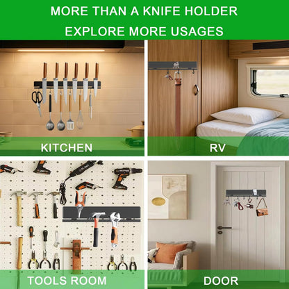 Strong Magnetic Knife Holder for Wall, 17 Inch No-Drill Knife Strip with 12 Hooks & Adhesive, Holds Kitchen Utensils & Tools
