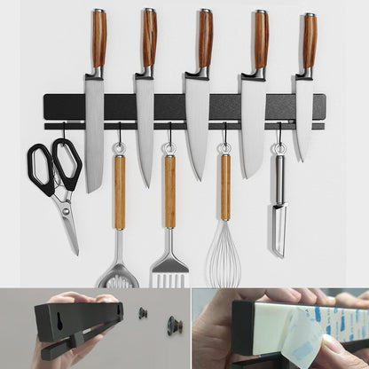 Strong Magnetic Knife Holder for Wall, 17 Inch No-Drill Knife Strip with 12 Hooks & Adhesive, Holds Kitchen Utensils & Tools