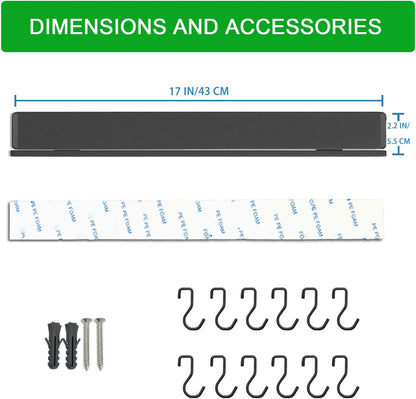 Strong Magnetic Knife Holder for Wall, 17 Inch No-Drill Knife Strip with 12 Hooks & Adhesive, Holds Kitchen Utensils & Tools
