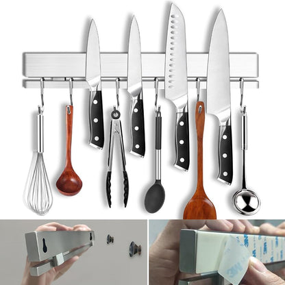 Strong Magnetic Knife Holder for Wall, 17 Inch No-Drill Knife Strip with 12 Hooks & Adhesive, Holds Kitchen Utensils & Tools