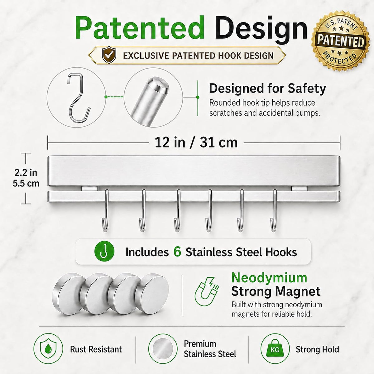 Strong Magnetic Knife Holder for Wall, 17 Inch No-Drill Knife Strip with 12 Hooks & Adhesive, Holds Kitchen Utensils & Tools