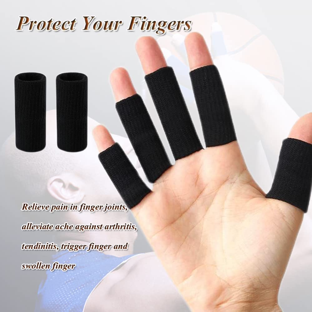 Finger Sleeves Protectors, 10Pcs Sport Finger Sleeves Elastic Thumb Brace Support for Basketball Golf Premium Fingers Sleeve for Arthritis Perfect for Relieving Pain (10PCS black set)