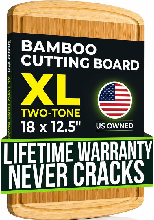 Luxury Bamboo Cutting Board (Extra Large) with Vertical Grain Strength Technology - Non Toxic, Spacious and Lightweight 18" XL Chopping Board Gift - Replacements for Life