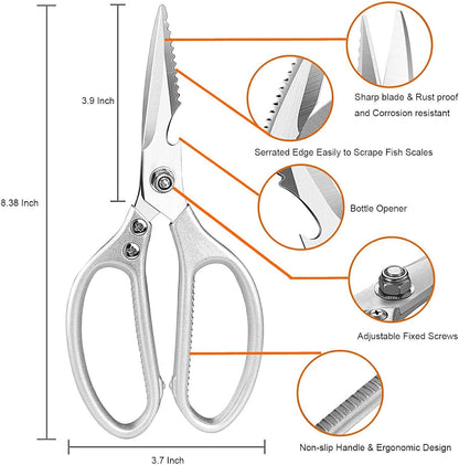 LONJYI Multi Function Kitchen Scissors, Heavy Duty Stainless Steel Shears with Ultra Sharp Blades Left Right Handed Scissors Use for Chicken Meat Seafood Vegetables BBQ Bottle Opener Silver