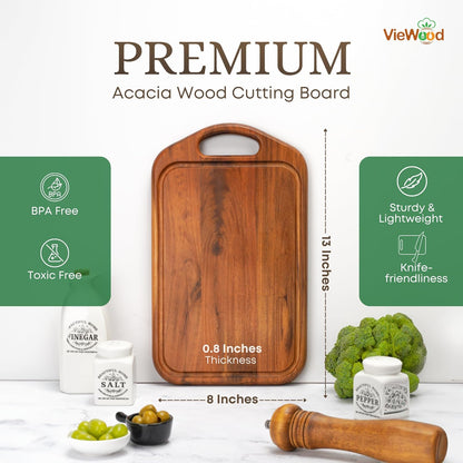 Acacia Wood Cutting Board with Handle, 13x8 Inch Wooden Board for Kitchen, Serving, Charcuterie and Cheese, Juice Groove, Knife Friendly