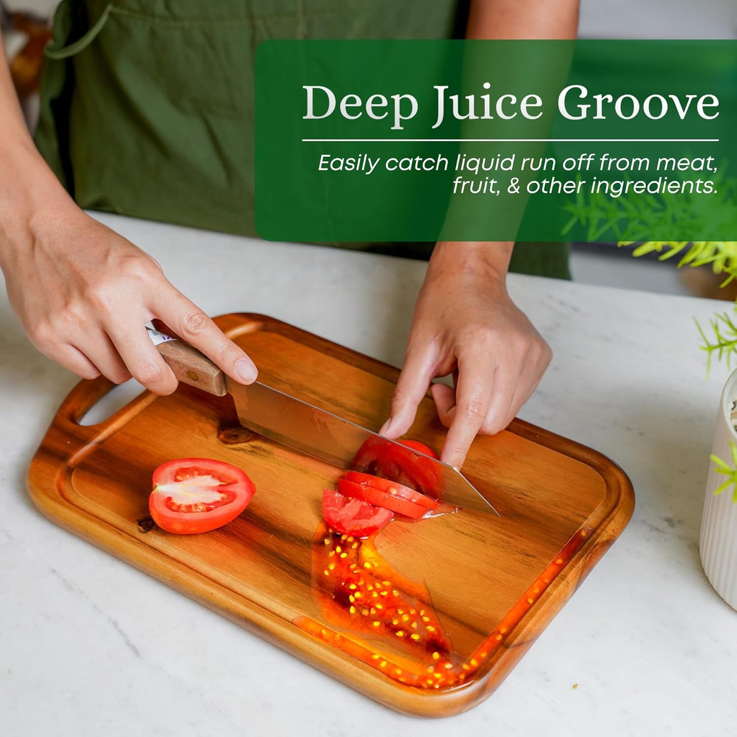 Acacia Wood Cutting Board with Handle, 13x8 Inch Wooden Board for Kitchen, Serving, Charcuterie and Cheese, Juice Groove, Knife Friendly