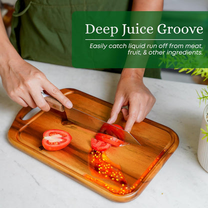 Acacia Wood Cutting Board with Handle, 13x8 Inch Wooden Board for Kitchen, Serving, Charcuterie and Cheese, Juice Groove, Knife Friendly