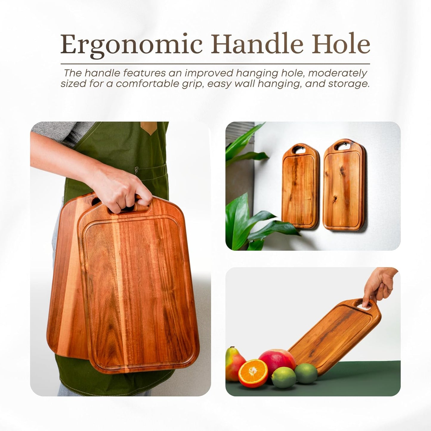 Acacia Wood Cutting Board with Handle, 13x8 Inch Wooden Board for Kitchen, Serving, Charcuterie and Cheese, Juice Groove, Knife Friendly