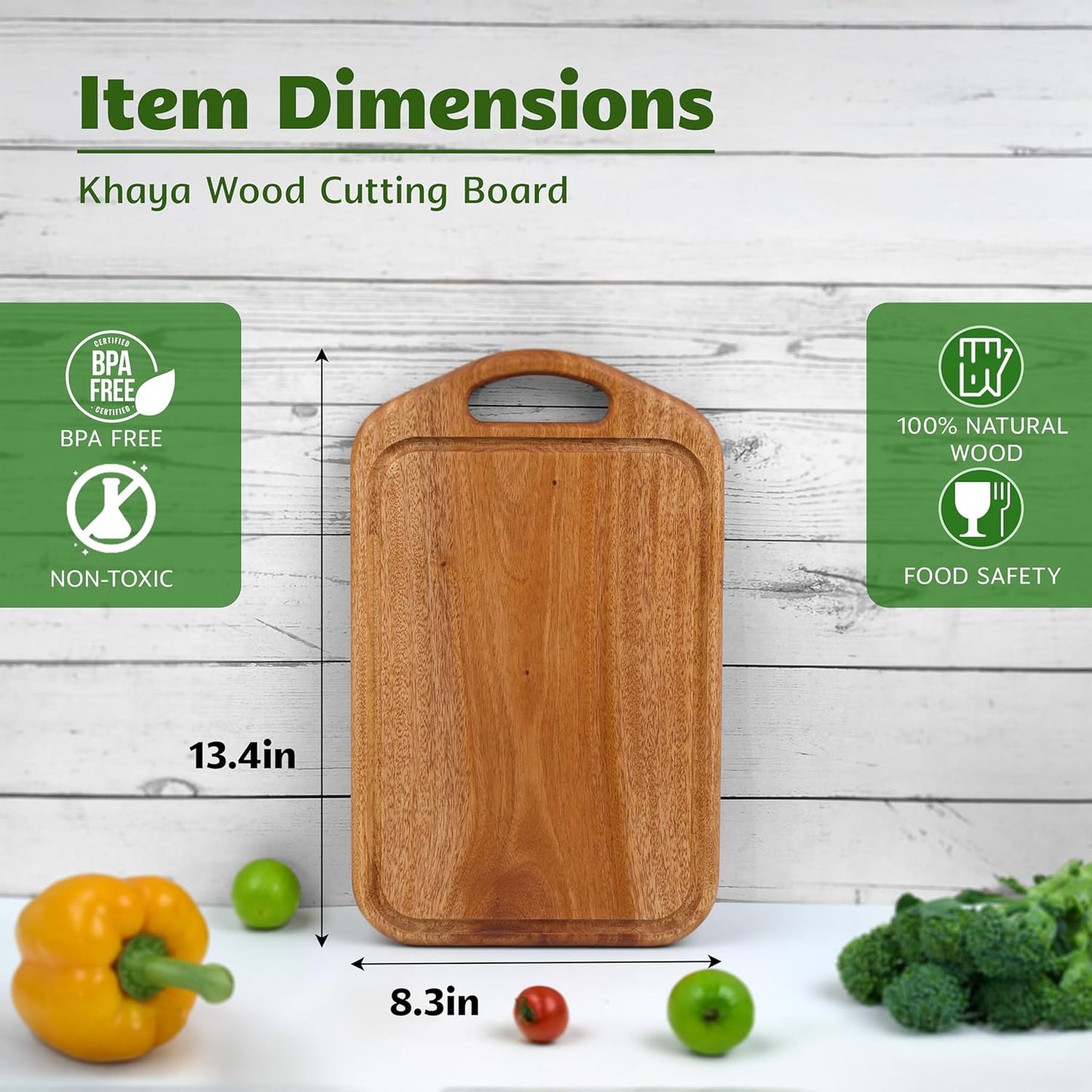 Acacia Wood Cutting Board with Handle, 13x8 Inch Wooden Board for Kitchen, Serving, Charcuterie and Cheese, Juice Groove, Knife Friendly